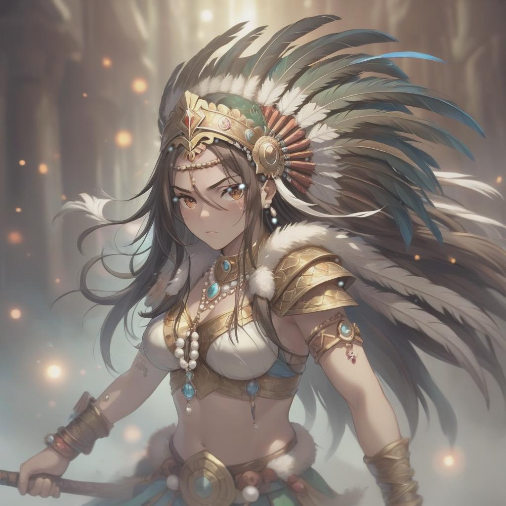  long exposure photo of portrait of rage strong amazonas warrior, long hair, tilting head down, mantle, shoulder pad feather, accessory necklace with pearls on the forehead . blurred motion, streaks of light, surreal, dreamy, ghosting effect, highly detailed, sticker, hkmagic