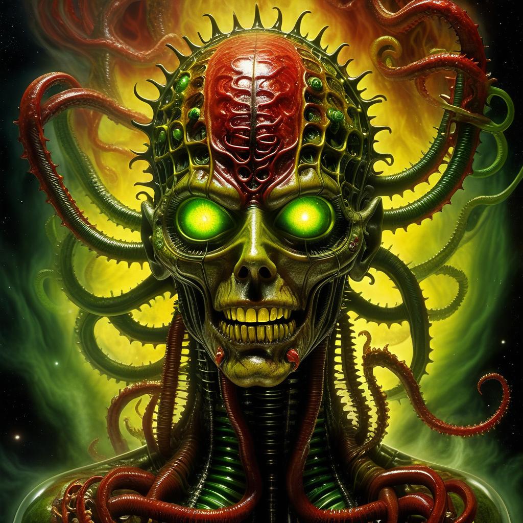  space themed hellraiser whisperer giger demon looks scary prickly red watch in yellow smoke and green sparks suction cups tentacles eyes lower jaw sting tentacles claws and a terrible moan in red smoke in yellow rings of green steam the wound flows with mucus juice . cosmic, celestial, stars, galaxies, nebulas, planets, science fiction, highly detailed