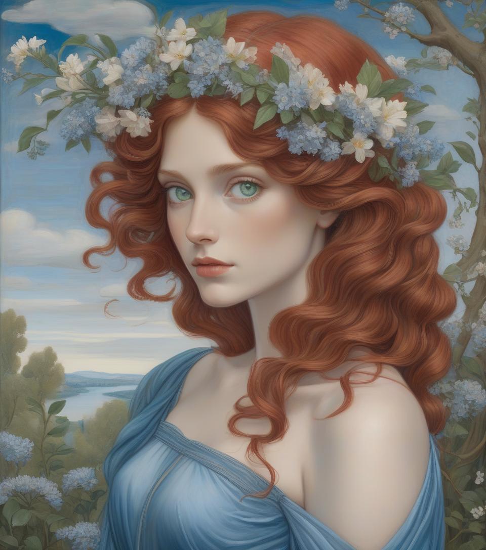  a painting of a woman with flowing red hair, blue attire, and a floral crown standing among blue blossoms. create a portrait of a woman with detailed eyes in the style of the pre raphaelite brotherhood. she has botticelli style wavy, voluminous auburn hair, adorned with small blue flowers. she is dressed in a blue gown with a sheer, diaphanous over dress that flows elegantly, complementing the flowers in her hair. her fair skin, striking green eyes, red cupid's bow lips, and contemplative expression enhance her serene beauty. the pastoral background is romantic and ethereal, with weeping trees, soft hued flowers and clouds, demonstrating a reverence for natural beauty. this artwork blends realism with fantasy, resulting in a captivating and