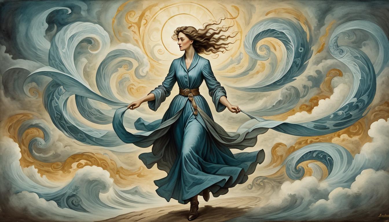  on parchment, surrealism+++, elegant figure striding on a radiant path, surrounded by chaotic whirlwinds, sense of grace, certainty(mysterious, provocative, symbolic,muted color)+++