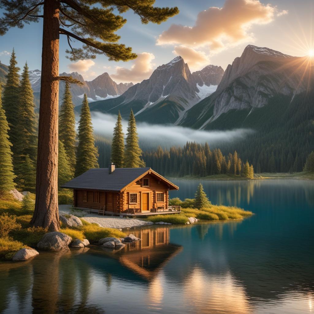  A serene landscape with mountains in the background, a crystal clear lake reflecting the mountains, and a small cabin near the lake surrounded by pine trees. The sky is clear with a few fluffy clouds, and the sun is setting, casting a warm golden glow over the scene. hyperrealistic, full body, detailed clothing, highly detailed, cinematic lighting, stunningly beautiful, intricate, sharp focus, f/1. 8, 85mm, (centered image composition), (professionally color graded), ((bright soft diffused light)), volumetric fog, trending on instagram, trending on tumblr, HDR 4K, 8K