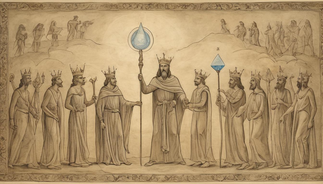  on parchment, surrealism++, leader figure, holding a staff with glowing crystal, surrounded by followers, expressions of trust and respect, embodiment of integrity, authority(mysterious, provocative, symbolic)++