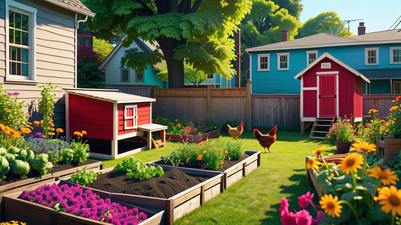  a vibrant urban backyard scene, featuring raised vegetable beds, a small chicken coop, and colorful flower patches, surrounded by a cozy porch with sustainable tools, all under a bright blue sky with city buildings in the background. hyperrealistic, full body, detailed clothing, highly detailed, cinematic lighting, stunningly beautiful, intricate, sharp focus, f/1. 8, 85mm, (centered image composition), (professionally color graded), ((bright soft diffused light)), volumetric fog, trending on instagram, trending on tumblr, HDR 4K, 8K