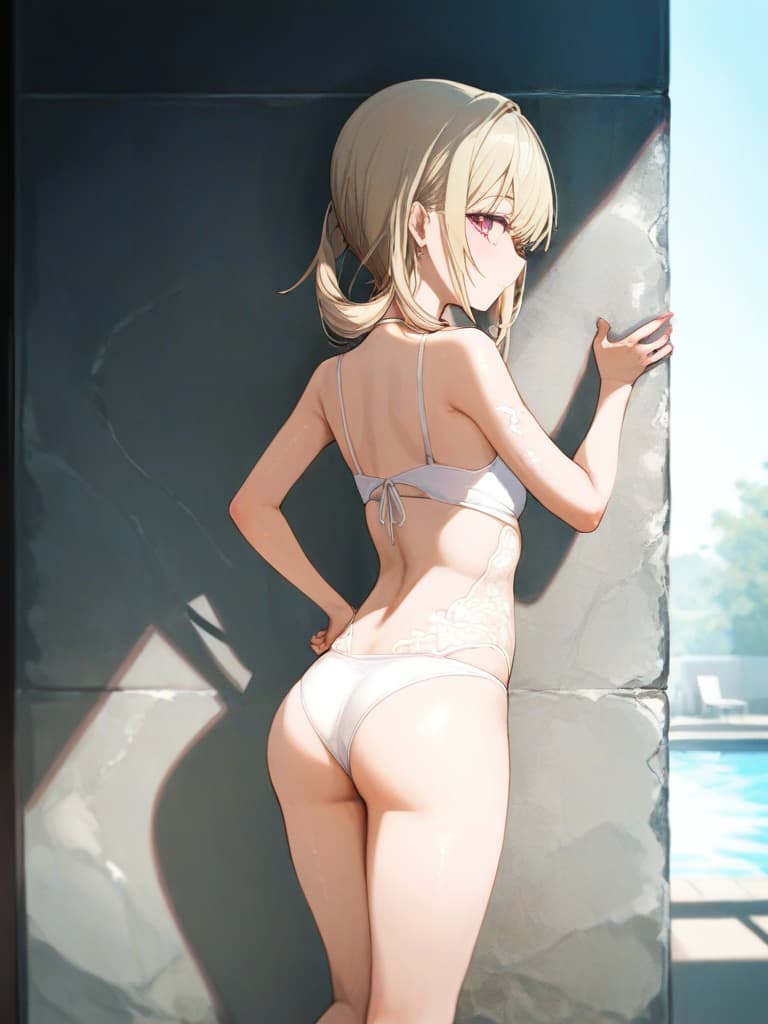  white swimwear, white headphones, blonde twin tails, pools, poses on the wall, poses to show your back, , foot, frill pareo, snake tattoo on , tattoos on , tattoo on , back. tattoo, masterpiece, best quality,8k,ultra detailed,high resolution,an extremely delicate and beautiful,hyper detail