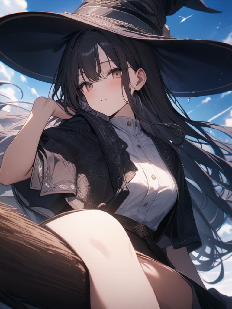  witch, girl, hat, hair fluttering, flying in the sky, sitting on a broom, riding on a broom, holding down the hat by hand, masterpiece, best quality,8k,ultra detailed,high resolution,an extremely delicate and beautiful,hyper detail