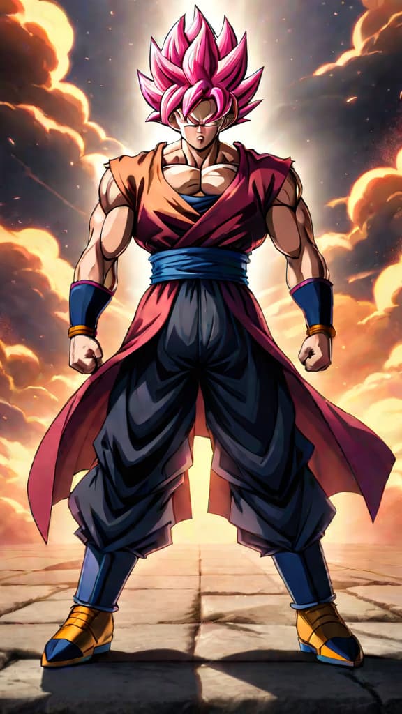  an anime art depicting black goku in super saiyan rosé form facing off against broly, the legendary super saiyan. hyperrealistic, full body, detailed clothing, highly detailed, cinematic lighting, stunningly beautiful, intricate, sharp focus, f/1. 8, 85mm, (centered image composition), (professionally color graded), ((bright soft diffused light)), volumetric fog, trending on instagram, trending on tumblr, HDR 4K, 8K