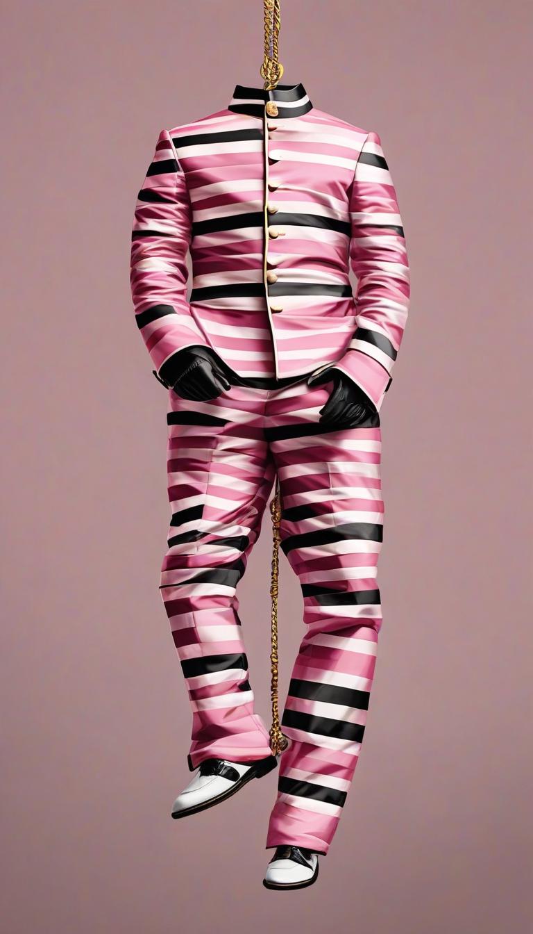  concept art color pink, white, black, gold bound man in striped stack suit, hanging upside down . digital artwork, illustrative, painterly, matte painting, highly detailed, perfect hands