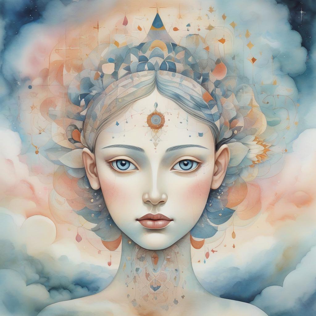  a surreal digital artwork featuring a serene female face with intricate, cosmic embellishments merging with celestial clouds. soft {watercolor, smooth and realistic portrait, intricate, high definition, realistic, japanese watercolor and ink, paul klee, georgia o'keefe}