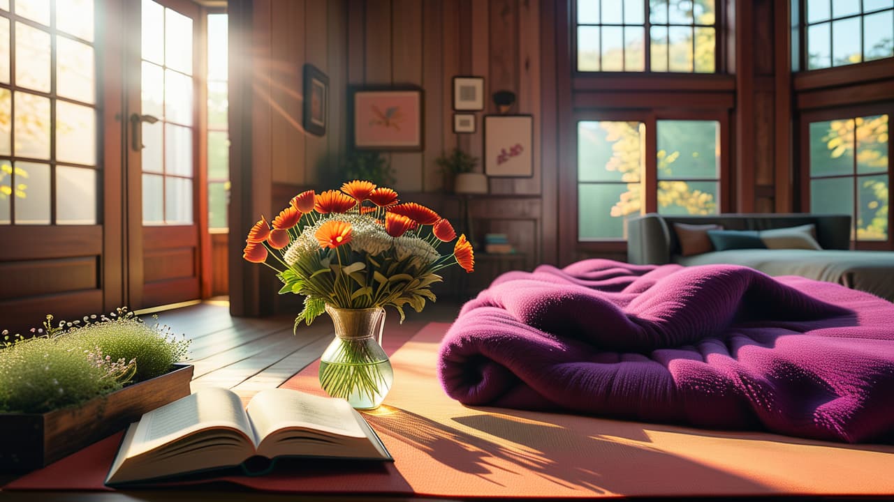  a serene sunrise illuminating a peaceful bedroom, featuring a cozy bed, an open journal, a steaming cup of herbal tea, yoga mat, and fresh flowers, symbolizing morning mindfulness and rejuvenation. hyperrealistic, full body, detailed clothing, highly detailed, cinematic lighting, stunningly beautiful, intricate, sharp focus, f/1. 8, 85mm, (centered image composition), (professionally color graded), ((bright soft diffused light)), volumetric fog, trending on instagram, trending on tumblr, HDR 4K, 8K