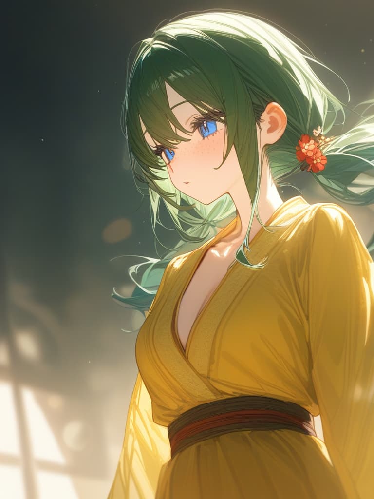  deep green hair, blue eyes, low twin tails, yellow green kimonos, red flowers, freckles, masterpiece, best quality,8k,ultra detailed,high resolution,an extremely delicate and beautiful,hyper detail