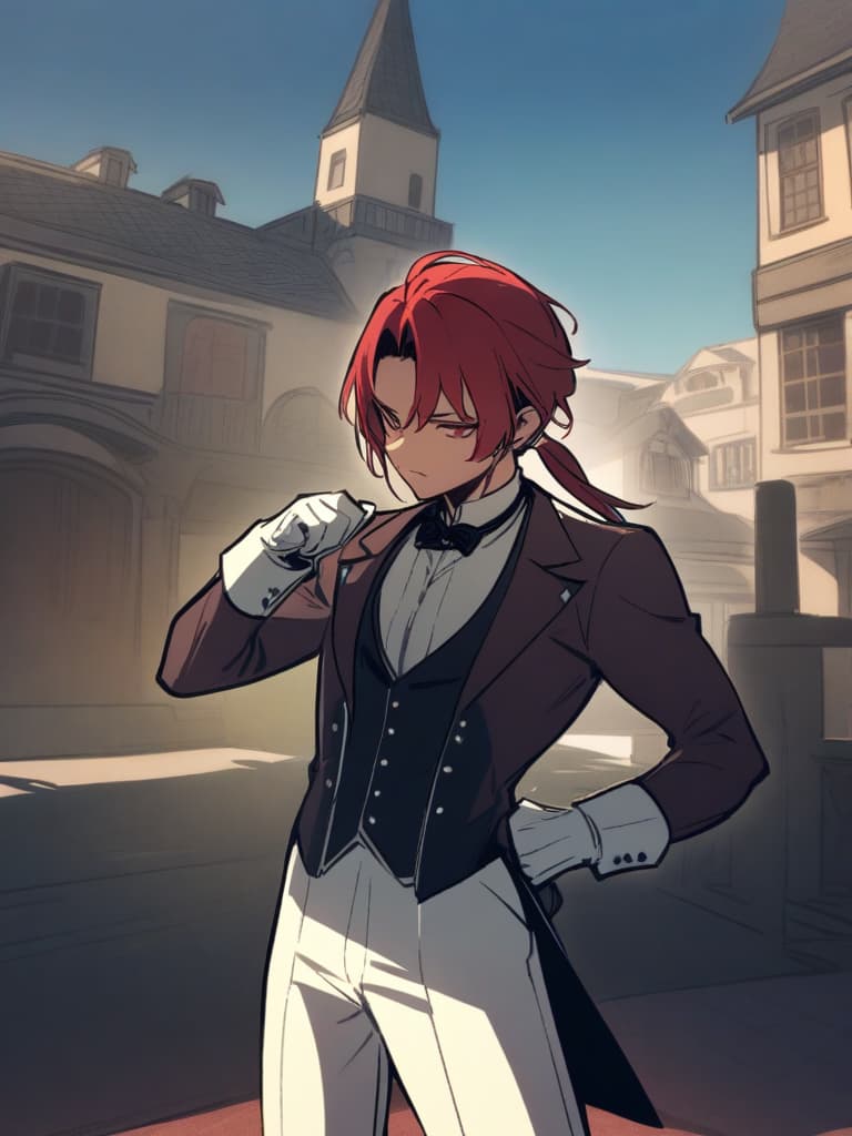  one boy, red haired green, medium hair, ponytail, butler, butler clothing, white gloves, habits, inappropriate smiles, shadowy faces, western houses, houses, tall, and physique