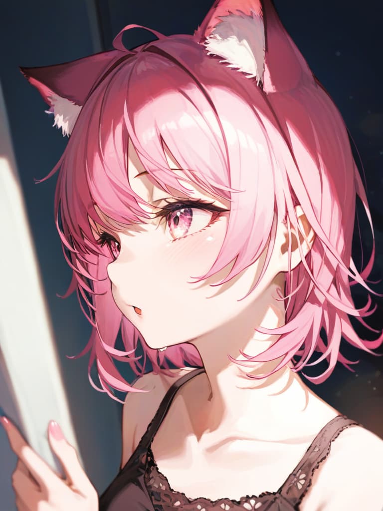  a girl with pink hair with a cat ears shines pink and is wearing a t shirt, masterpiece, best quality,8k,ultra detailed,high resolution,an extremely delicate and beautiful,hyper detail