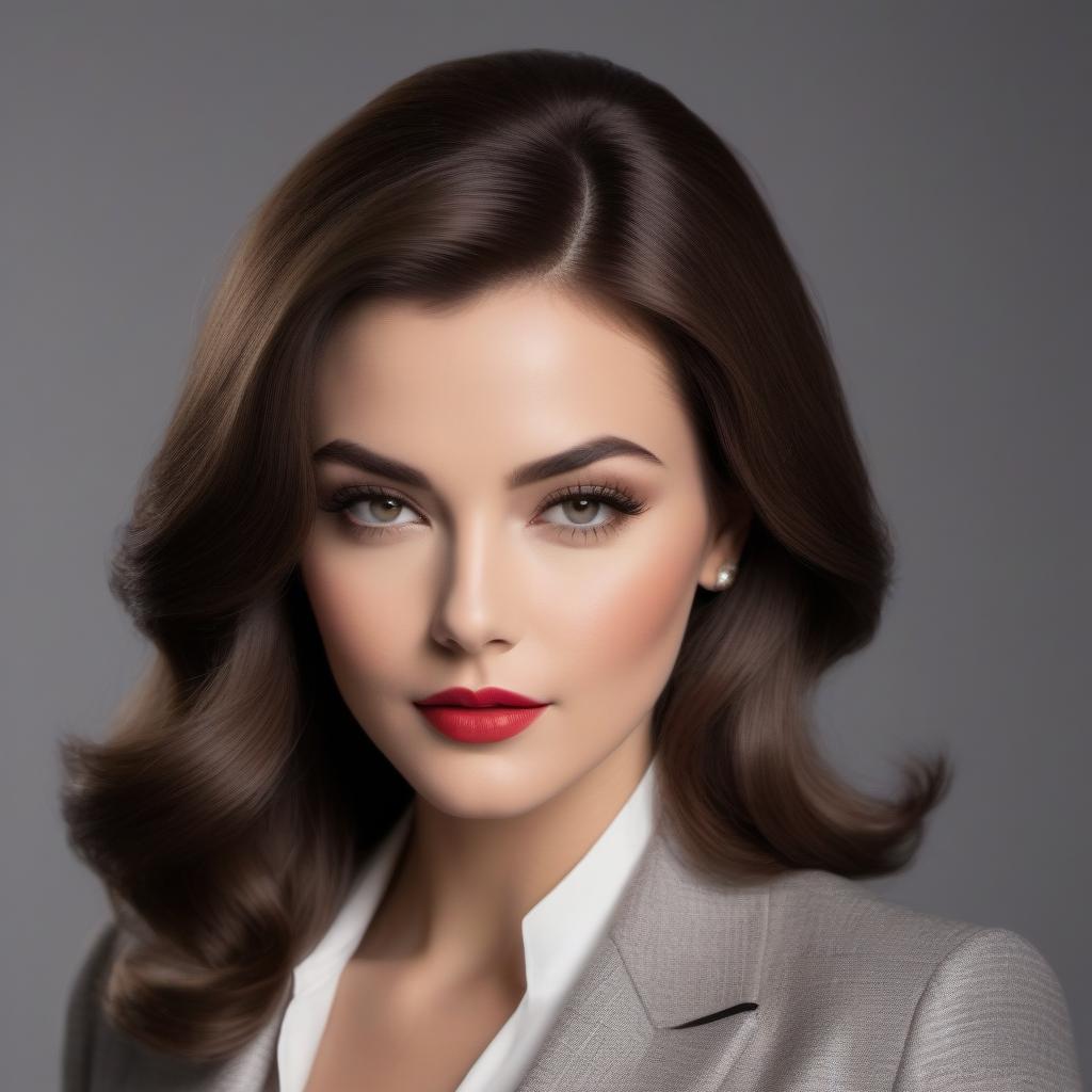  Create an image of a striking young woman with classic mid-20th century beauty. She has brown, shoulder-length hair, styled in soft, elegant waves, typical of the 1950s or 1960s glamour. Her eyes are a bright, piercing light gray, framed by dark, well-defined brows, giving her an intense yet sophisticated gaze. Her facial features are sharp and refined, with high cheekbones, a strong jawline, and full lips. She has a tall and athletic figure, standing confidently, with an air of elegance and strength, reflecting her famous roles. Dress her in a tailored, form-fitting outfit, like a sleek, high-fashion dress or a vintage leather jacket, evoking her iconic roles in action and spy films. The overall mood should radiate confidence, grace, and a