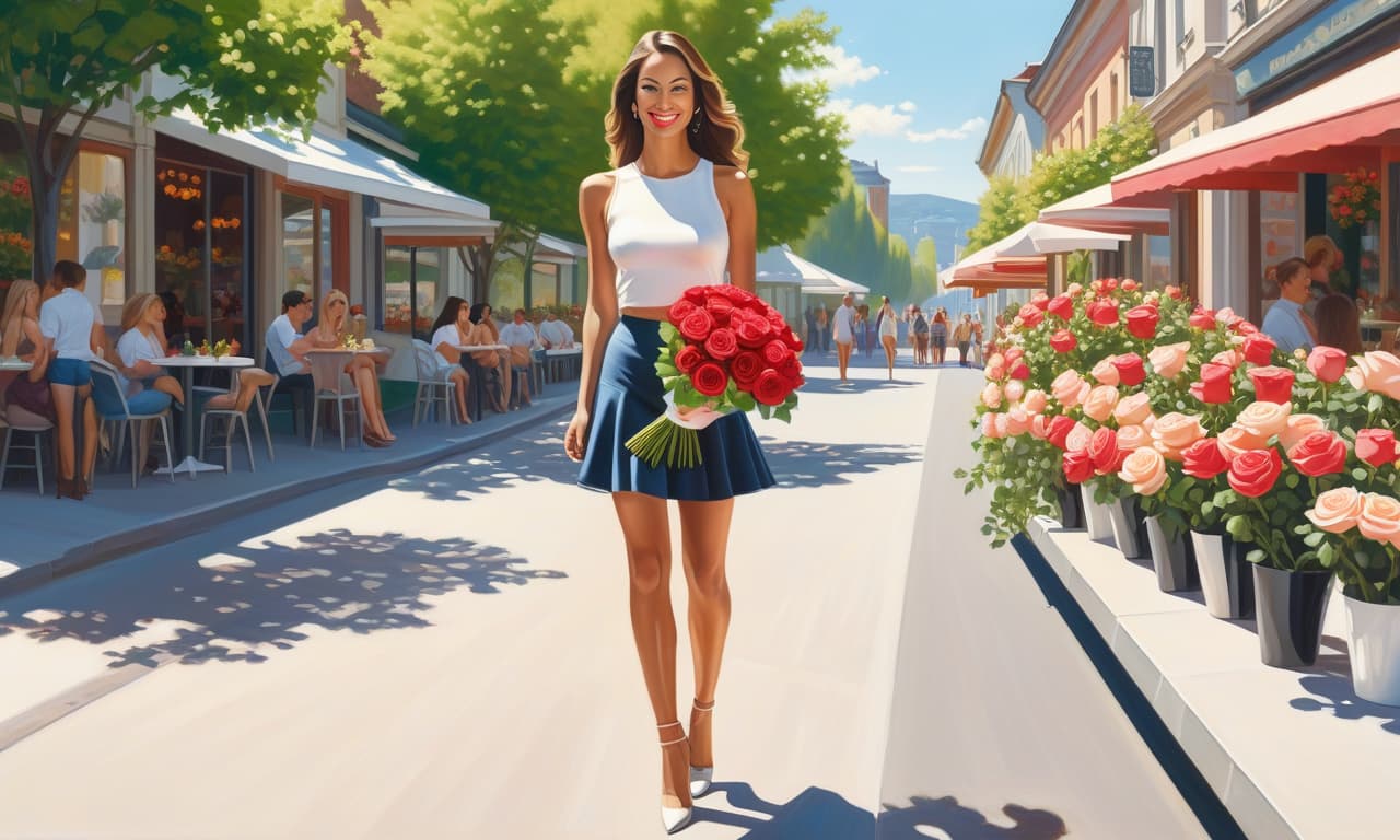  a full length smiling young woman with muscular legs and a narrow waist in a micro skirt holds a bouquet of roses with her right hand near a summer cafe on a sunny lazy day, hyperrealism style