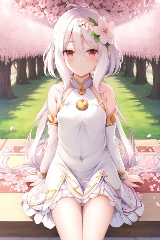  smooth legs,long white hair,wearing a white sundress with nothing underneath,smiling,(kokkoro:1.3), (masterpiece), (highest quality), (intricate), (high detail),cherry blossom, relaxing under a cherry blossom tree, summer day, masterpiece, best quality, high quality, solo