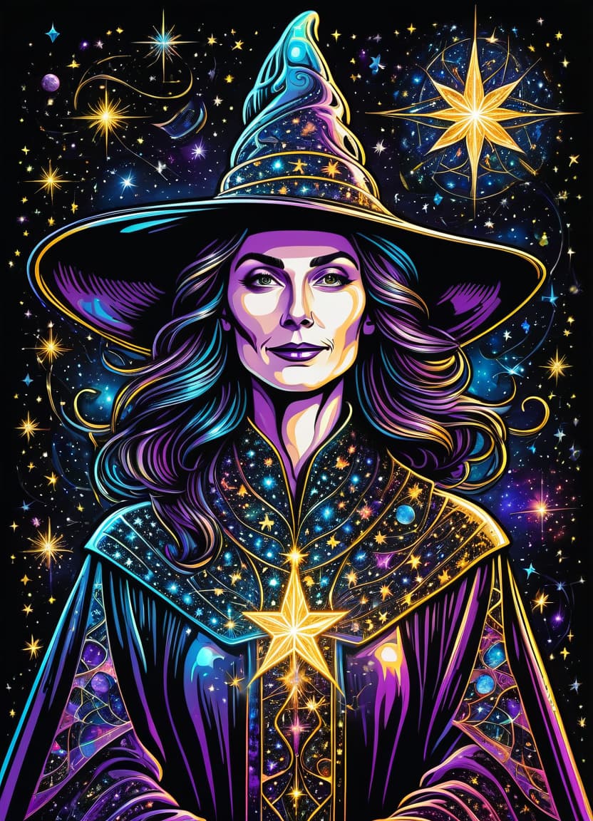  thin, fine fractal glossy vivid multicolore ink sketch on the black background, shiny contours outlines of a good witch in a robe with stars, in a pointed hat with stars, frame with intricate thin ornamentation from comet, stars and cosmic dust: (thin: 1,4) lines,