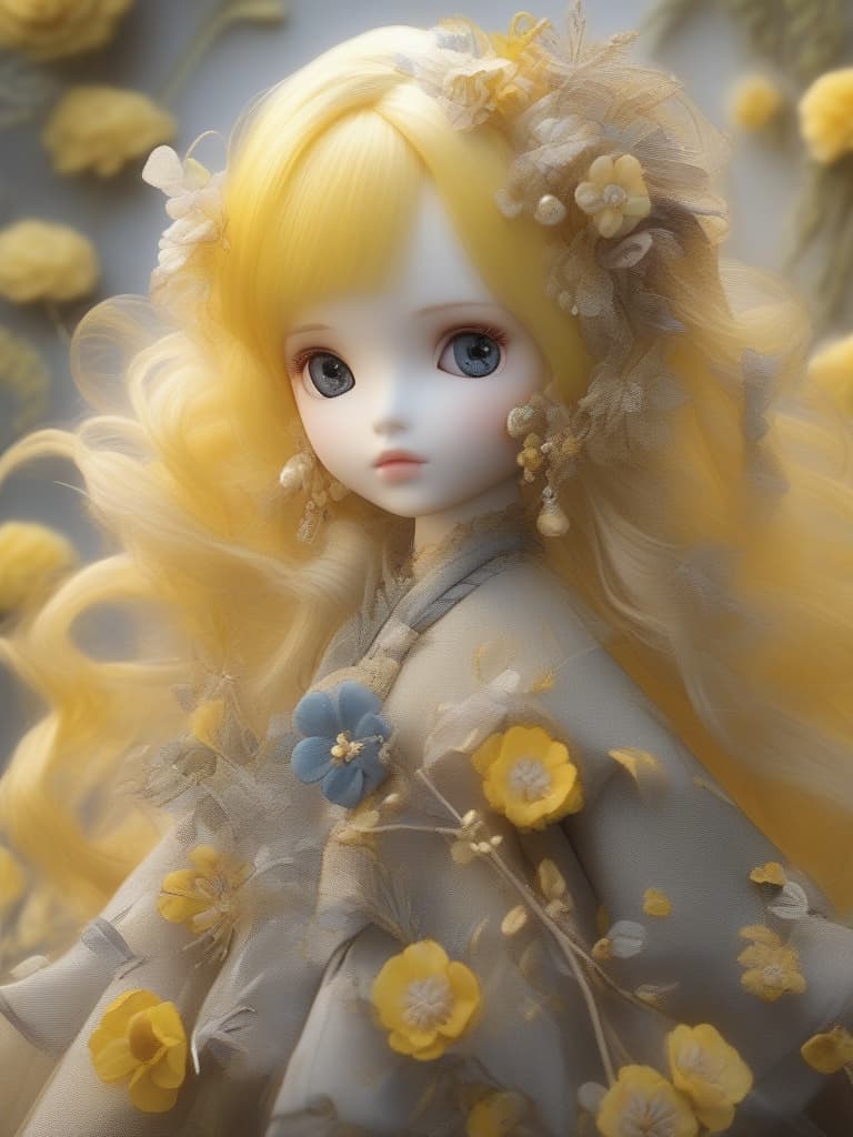  yellow hair, gray, dolls, masterpiece, best quality,8k,ultra detailed,high resolution,an extremely delicate and beautiful,hyper detail