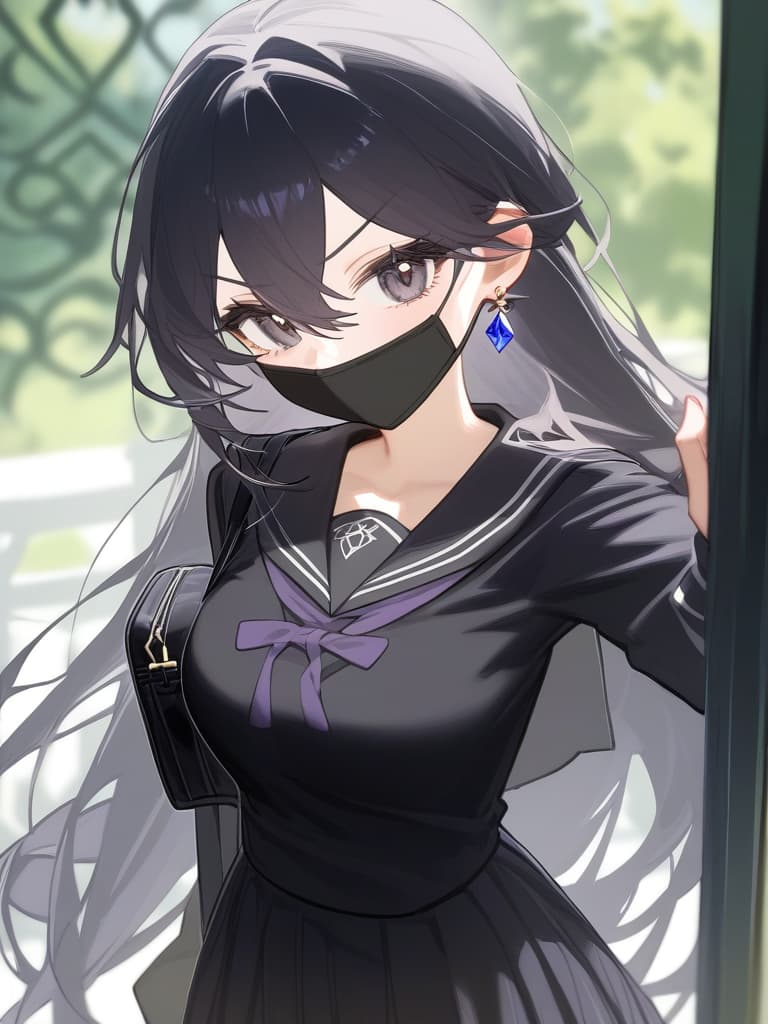  kuki shinobu alternate outfit bag black clothes black clothing earrings fishnet stockings hair jewel between eyes long sleeves mask mouth mask pleated sailor collar uniform sailor outfit (very long hair:1.3) uniform female black hair normal abdomen jet black eyes holding looking at camera bag alone woman daytime alone outdoors black sailor collar black sailor outfit eye of god (genshin) (half body,v shaped eyebrows,smiling,looking at camera,window,one woman) blurry background high resolution