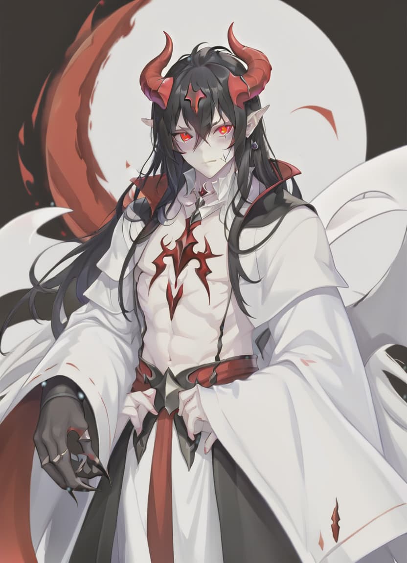  man demon, white skin, red eyes, black hair, white horns, black clothes, sticker