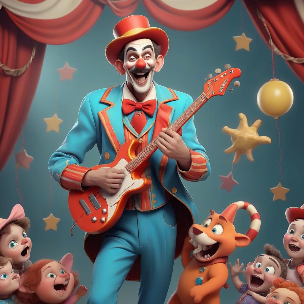  a circus man who is musical, funny, friendly with children. the clothes are bright, with large pockets. with an electric guitar in hand.