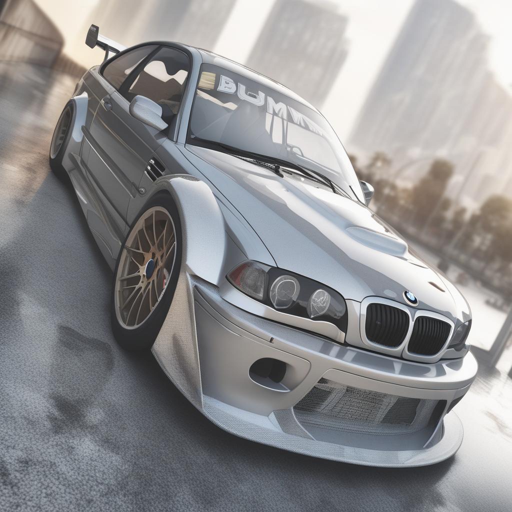  create image of bmw m3 e46 gtr, wide body kit, extended bumpers, studio background, unreal render, realistic