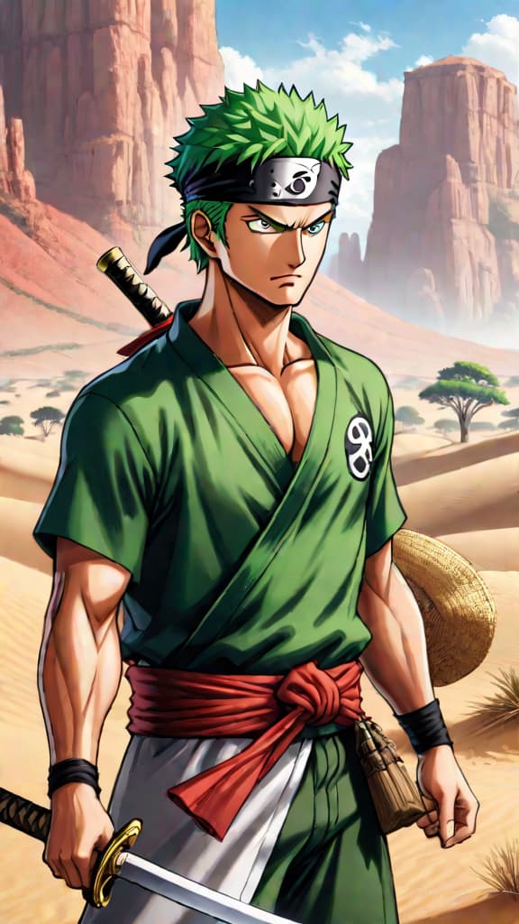  anime art: zoro from one piece struggles with his sense of direction amidst the desert landscape. hyperrealistic, full body, detailed clothing, highly detailed, cinematic lighting, stunningly beautiful, intricate, sharp focus, f/1. 8, 85mm, (centered image composition), (professionally color graded), ((bright soft diffused light)), volumetric fog, trending on instagram, trending on tumblr, HDR 4K, 8K