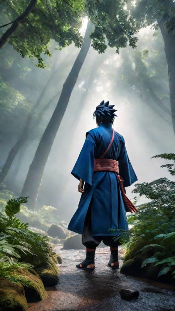  anime art: sasuke uchiha's departure from konoha for power, justice, and redemption, seeking clarity and a new path. hyperrealistic, full body, detailed clothing, highly detailed, cinematic lighting, stunningly beautiful, intricate, sharp focus, f/1. 8, 85mm, (centered image composition), (professionally color graded), ((bright soft diffused light)), volumetric fog, trending on instagram, trending on tumblr, HDR 4K, 8K