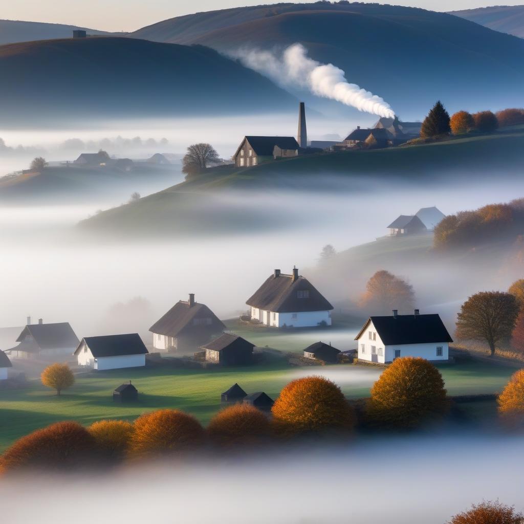  Village life in autumn: several houses with smoke from chimneys, which creeps over the houses, forming a white fog over the village, one star is visible above the fog at dusk