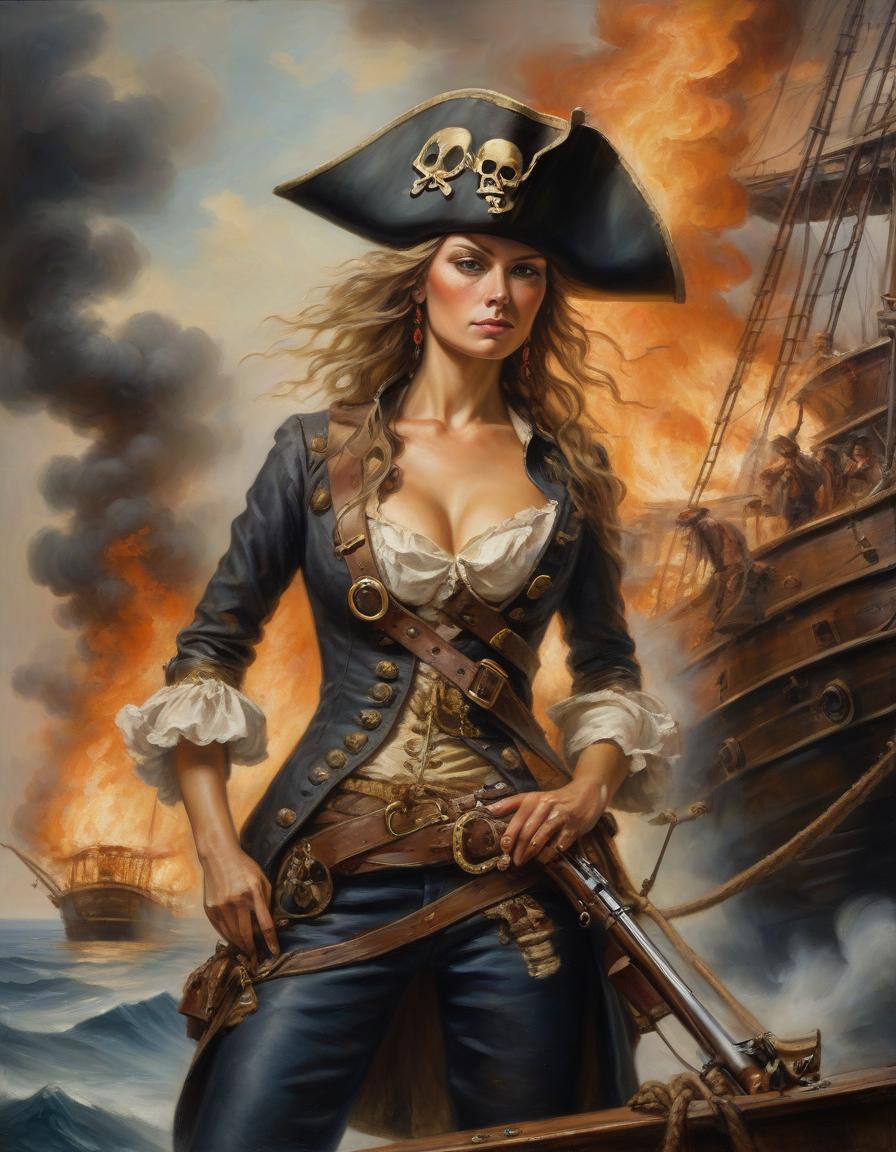  nautical themed oil painting, rough, textural, broad brush strokes, portrait of a stunning pirate woman, tricorne hat, banadna, holding flintlock musket, standing on deck of burning ship, . sea, ocean, ships, maritime, beach, marine life, highly detailed