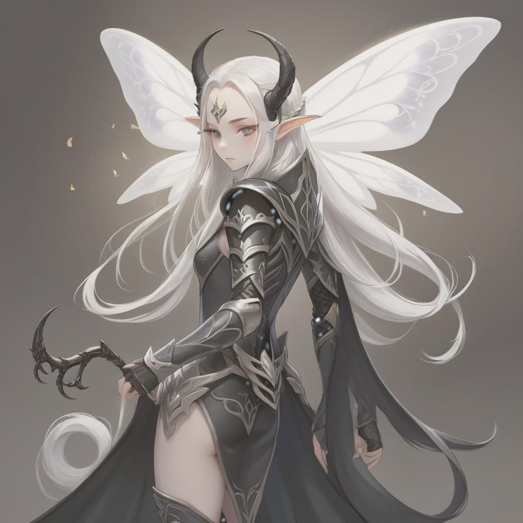  dnd, young , small black horns on the head, white skin, white hair, long hair in the tail, pointed elven ears, white wings of a moth from the back, black leather armor, pearl on the , hkmagic