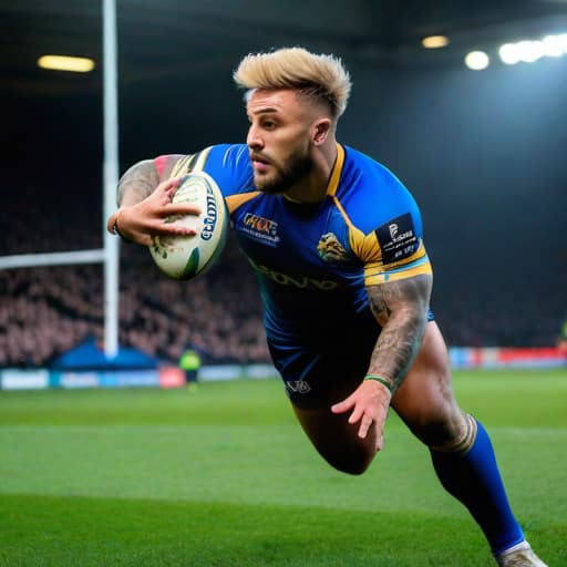  An ultra high resolution side-on view photograph of a tattooed blonde Leeds Rhinos Rugby league player with realistic face, realistic skin, best quality, with a rugby ball in his hands diving to the ground to score a try, during a rugby league match. hyperrealistic, full body, detailed clothing, highly detailed, cinematic lighting, stunningly beautiful, intricate, sharp focus, f/1. 8, 85mm, (centered image composition), (professionally color graded), ((bright soft diffused light)), volumetric fog, trending on instagram, trending on tumblr, HDR 4K, 8K