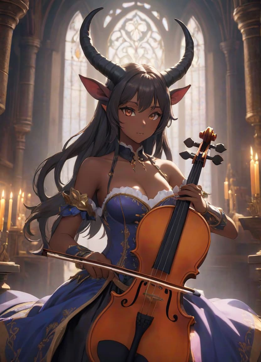  anime artwork bard, violin, demon girl, horns, tail, dark skin, medieval . anime style, key visual, vibrant, studio anime, highly detailed, hkmagic hyperrealistic, full body, detailed clothing, highly detailed, cinematic lighting, stunningly beautiful, intricate, sharp focus, f/1. 8, 85mm, (centered image composition), (professionally color graded), ((bright soft diffused light)), volumetric fog, trending on instagram, trending on tumblr, HDR 4K, 8K