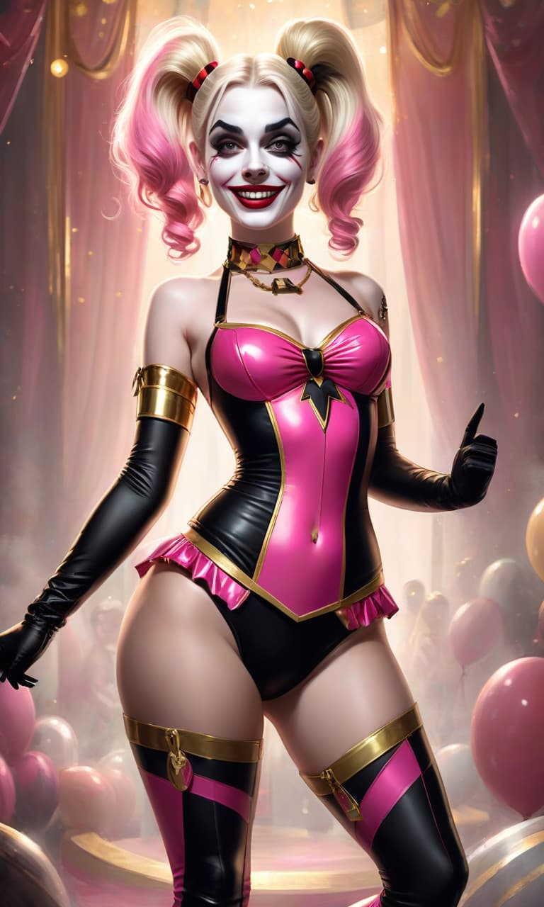  concept art pink, gold, black, white circus margot robbins to the waist in the form of harley quinn costume . digital artwork, illustrative, painterly, matte painting, highly detailed, perfect hands