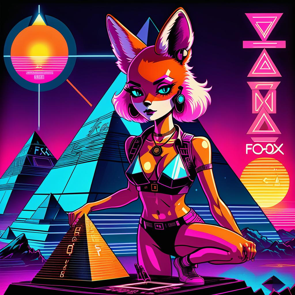  retro cyberpunk the fox girl holds a cube in one hand, and a pyramid in the other, on the top of the pyramid is written ngs, and a calculator is drawn in the cube. instead of the sun, a circle is built from which the rays come. . 80's inspired, synthwave, neon, vibrant, detailed, retro futurism