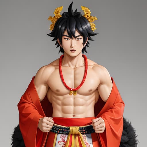  Fudo Myoo wears a vestment with his chest bare and the lower half of his body covered with a kimono, has a long, buckwheat head with beaded ornaments, a long, long sword in his right hand, a five-colored cord in his left hand, and fangs protruding from his closed mouth with an expression of indignation. He is a cool guy. male, retro.