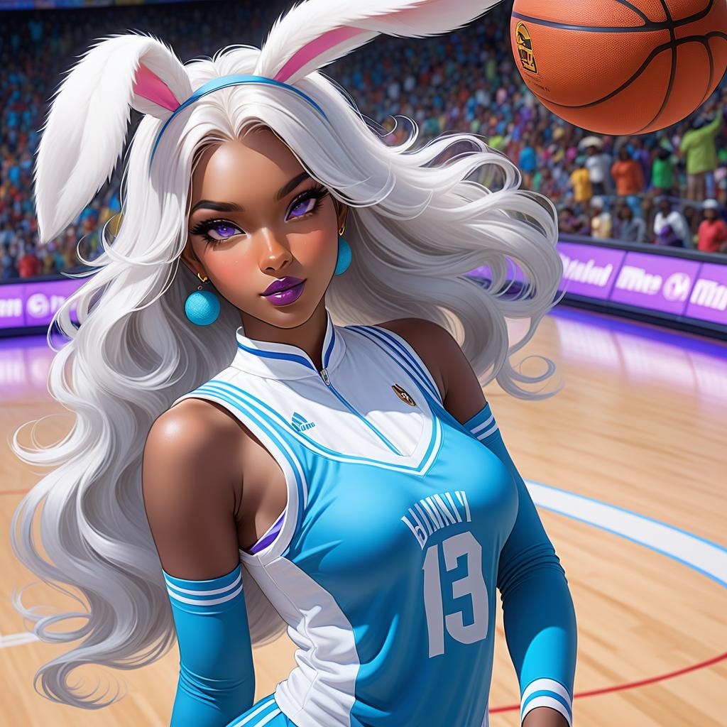  anime art very beautiful, bunny girl, dark brown skin woman, icy blue eyes, white hair, hair accessories, has long bunny ears, has bunny tail, has beauty marks on upper lip and on jaw, bow shaped lips, angled medium arched eyebrows, nubian nose, heart shaped face, vegas gold and purple basket ball jersey, basketball court., award winning, professional, highly detailed, masterpiece