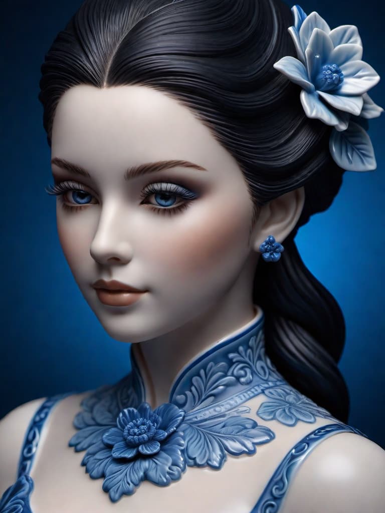  Close-up porcelain female figurine, looking to the camera, glossy surface, glaze, shiny, blue floral tattoos on her, dark gradient background, baroque dark style, hyperrealistic, CG society, intricate details