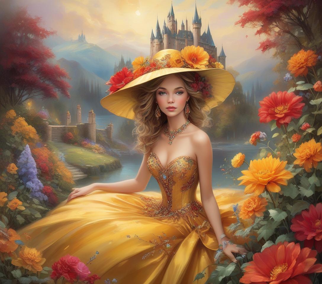  a glamorous woman relaxes amidst vibrant flowers, adorned in an elaborate, jewel embellished gown. her elegant hat contrasts beautifully with the rich colors surrounding her. full body portrait of a beautiful goddess, dressed in a satin intricate turqoise and red dress with golden striped ornaments, she is wearing a big hat with golden and turqoise flowers, she is surrounded by an abundance of big fall colored flowers in yellow, orange, red flowers and behind her is a castle, at with style by thomas kinkade+david a. hardy+carne griffiths+mandy disher, key light reflecting in eyes, perfect composition and lighting, half vivid colors fine art, best quality, high detailed, detailed faces, 2d, flat, cute, adorable, fairytale, storybook detaile