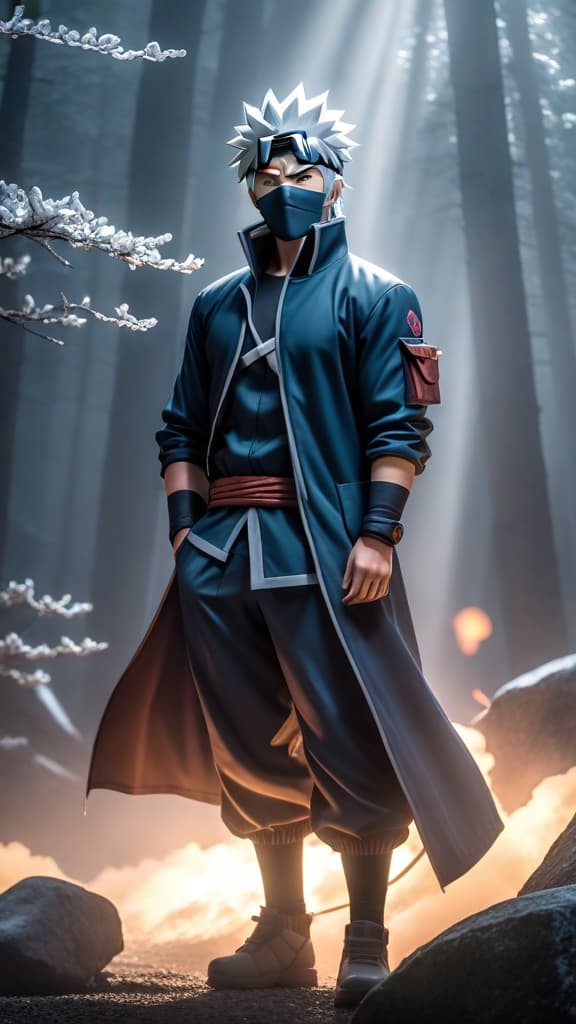  kakashi hatake from naruto standing solemnly with the ghostly image of sakumo hatake, the white fang of konoha, behind him, anime art hyperrealistic, full body, detailed clothing, highly detailed, cinematic lighting, stunningly beautiful, intricate, sharp focus, f/1. 8, 85mm, (centered image composition), (professionally color graded), ((bright soft diffused light)), volumetric fog, trending on instagram, trending on tumblr, HDR 4K, 8K