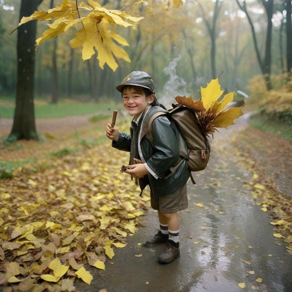  analog film photo a professional snapshot. autumn park. it's raining a little. lots of foliage. the dwarf is going to school. a backpack is on his shoulders. he's smiling. he dances and throws leaves. a joint. the cigar is smoking heavily. the background is an autumn forest. yellow leaves predominate, but there are also green ones. stylistics: hyperrealism. an ordinary photo. . faded film, desaturated, 35mm photo, grainy, vignette, vintage, kodachrome, lomography, stained, highly detailed, found footage, film photography style