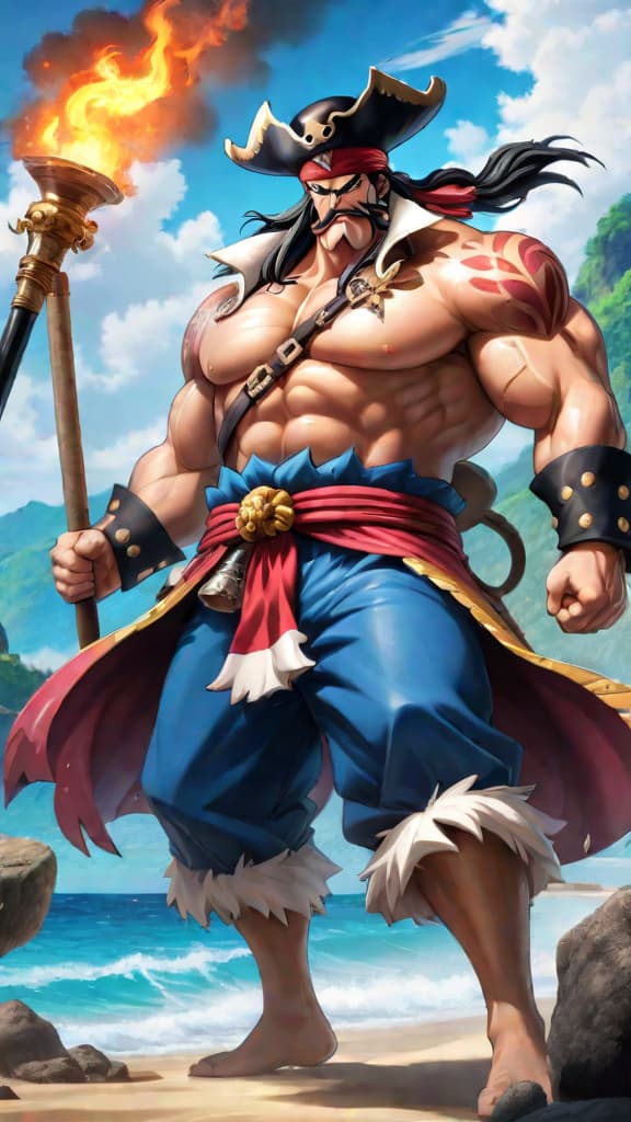  anime art: depict the powerful rocks pirates crew with whitebeard, kaido, big mom, and shiki. hyperrealistic, full body, detailed clothing, highly detailed, cinematic lighting, stunningly beautiful, intricate, sharp focus, f/1. 8, 85mm, (centered image composition), (professionally color graded), ((bright soft diffused light)), volumetric fog, trending on instagram, trending on tumblr, HDR 4K, 8K