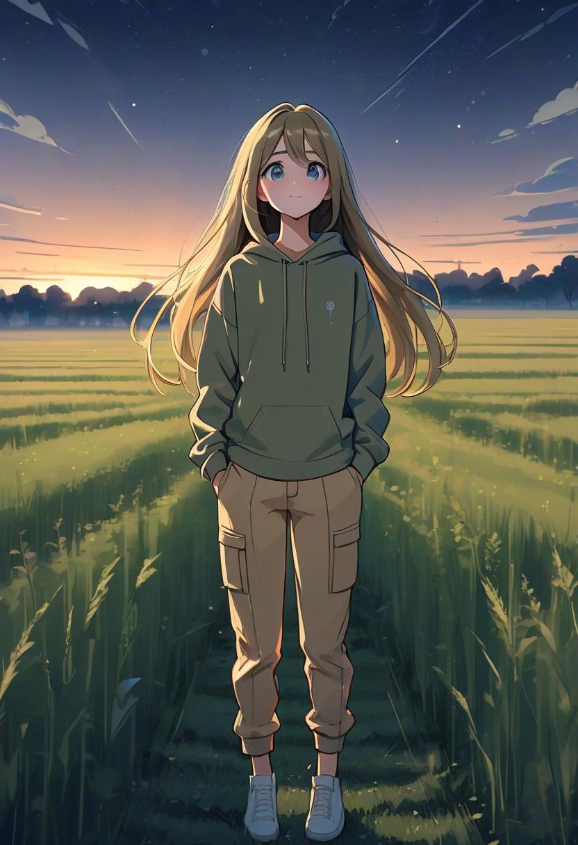  architectural style a girl in anime style with long hair stands in the middle of a field at dawn dressed in a khaki colored sweatshirt and pants. the girl looks at the sky, her eyes are full of joy from the unknown and curiosity. her face is a little happy. she pulls her hand up towards the night sky. her knee high growth . clean lines, geometric shapes, minimalist, modern, architectural drawing, highly detailed