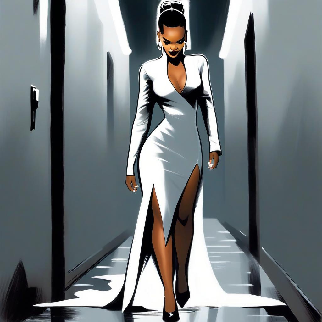  concept art rihanna the wizard in a gray and white tight fitting dress in a scar, in the floor against the background of a dark corridor. . digital artwork, illustrative, painterly, matte painting, highly detailed, perfecteyes, perfect hands