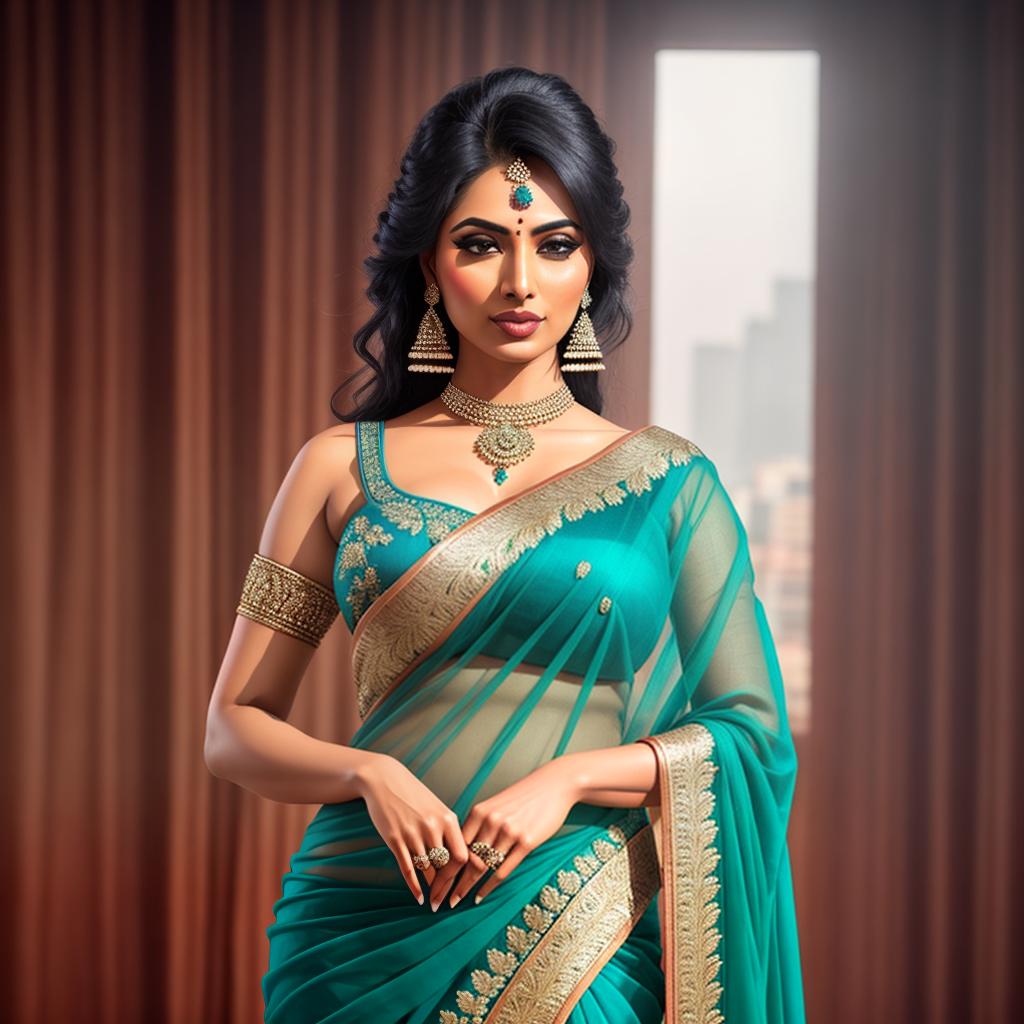  A beautiful Indian hot lady in a blue saree , white skin colour, black unruly hair, photo should include her fullbody hyperrealistic, full body, detailed clothing, highly detailed, cinematic lighting, stunningly beautiful, intricate, sharp focus, f/1. 8, 85mm, (centered image composition), (professionally color graded), ((bright soft diffused light)), volumetric fog, trending on instagram, trending on tumblr, HDR 4K, 8K