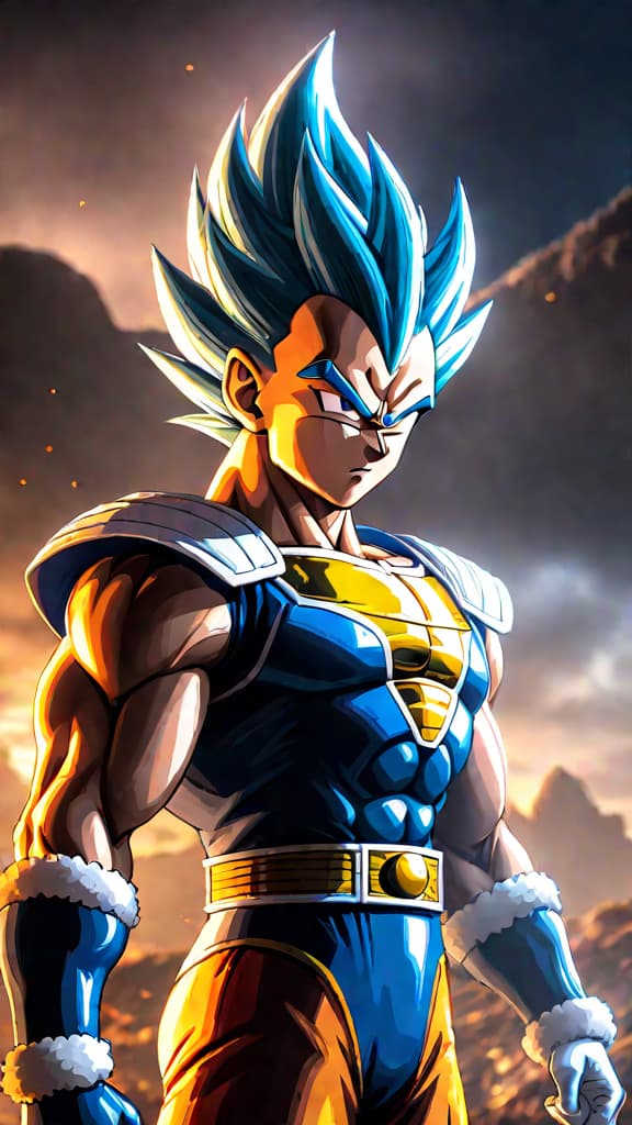  an anime art depicting vegeta from dragon ball mastering ultra ego's essence of a destroyer's power. hyperrealistic, full body, detailed clothing, highly detailed, cinematic lighting, stunningly beautiful, intricate, sharp focus, f/1. 8, 85mm, (centered image composition), (professionally color graded), ((bright soft diffused light)), volumetric fog, trending on instagram, trending on tumblr, HDR 4K, 8K