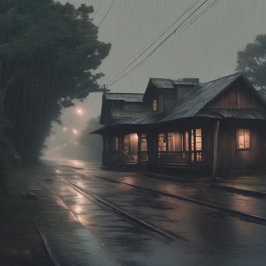  a small railroad station with no electric lights on a moonlit night in the rain.