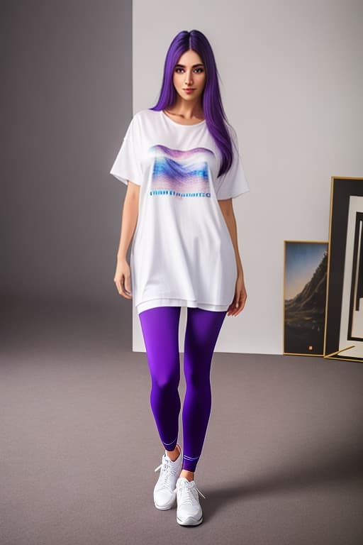  A pretty , long hair, round face, double eyelids, big eyes, thin lips, white t shirt with " " written on it, double layer purple gauze , purple colored socks, white sneakers, fering hair with left hand, facing self portrait, smiling, standing,take a full body shot, studio is full of paintings, at 3:4 s180 cref hyperrealistic, full body, detailed clothing, highly detailed, cinematic lighting, stunningly beautiful, intricate, sharp focus, f/1. 8, 85mm, (centered image composition), (professionally color graded), ((bright soft diffused light)), volumetric fog, trending on instagram, trending on tumblr, HDR 4K, 8K