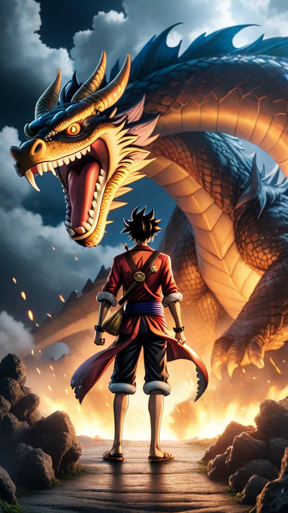  luffy and dragon from one piece forming an unexpected alliance amid a monumental battle in anime art hyperrealistic, full body, detailed clothing, highly detailed, cinematic lighting, stunningly beautiful, intricate, sharp focus, f/1. 8, 85mm, (centered image composition), (professionally color graded), ((bright soft diffused light)), volumetric fog, trending on instagram, trending on tumblr, HDR 4K, 8K