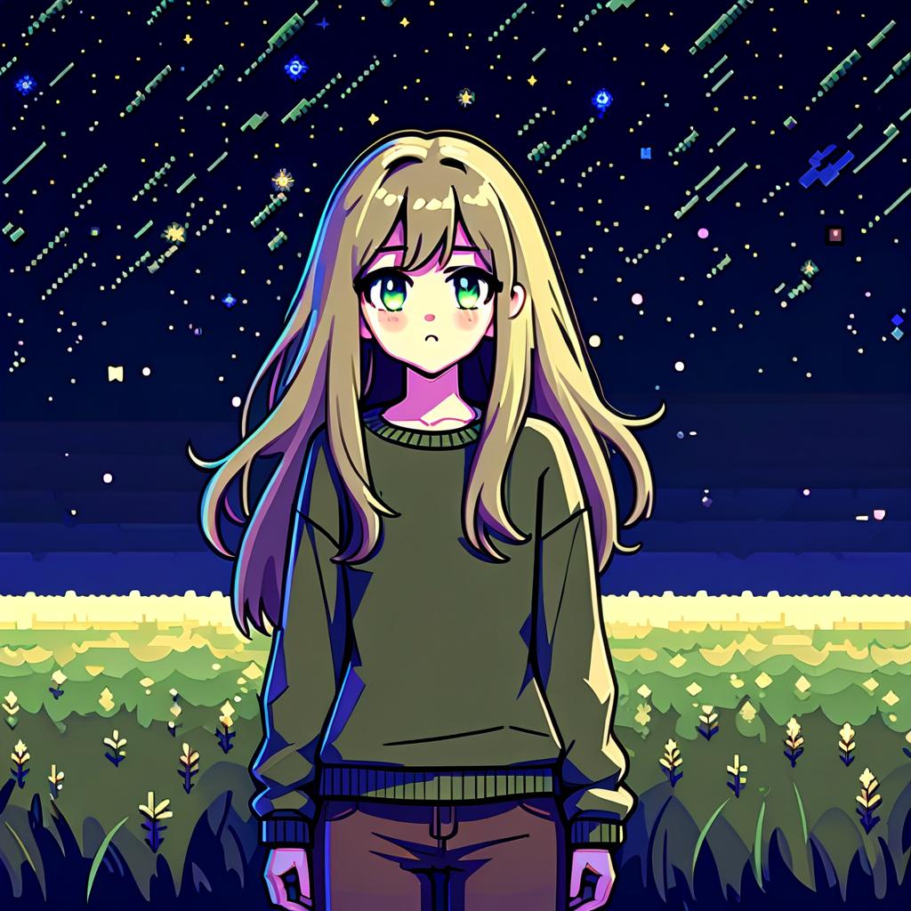  pixel art a girl in anime style with long hair stands in the middle of the field at night wearing a khaki sweater and pants. the girl looks at the starry sky at night with black lower eyelids under the eyes of a specific color full of fear of the unknown and curiosity. she pulls her hand up towards the night sky. . low res, blocky, pixel art style, 8 bit graphics