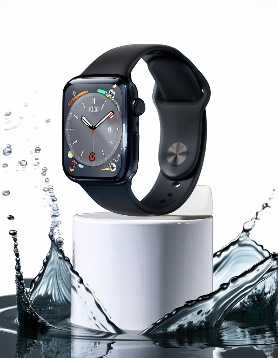  smart watch on a white stand for demonstration, around a splash of water, white background, reflection of the clock in water, film photography style